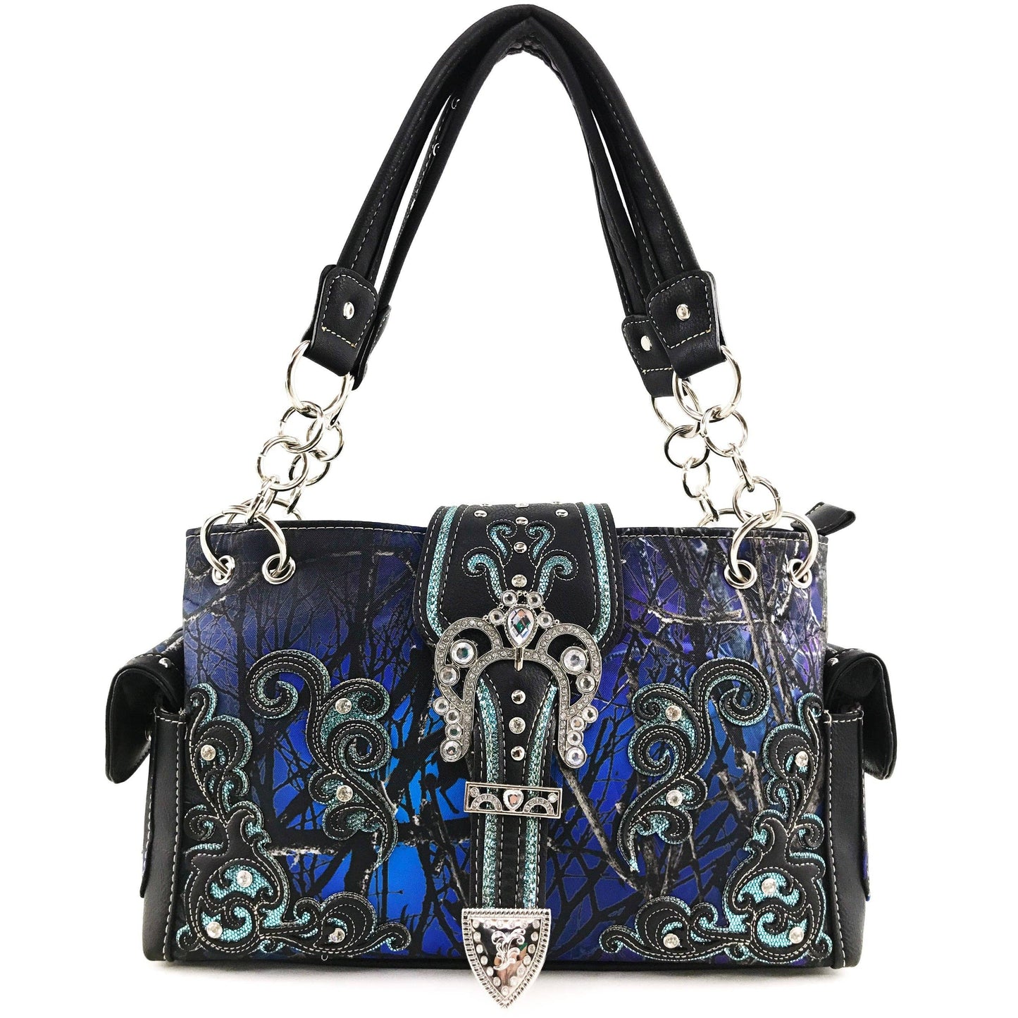 Kody | Rhinestone Buckle Blue Camo Handbag