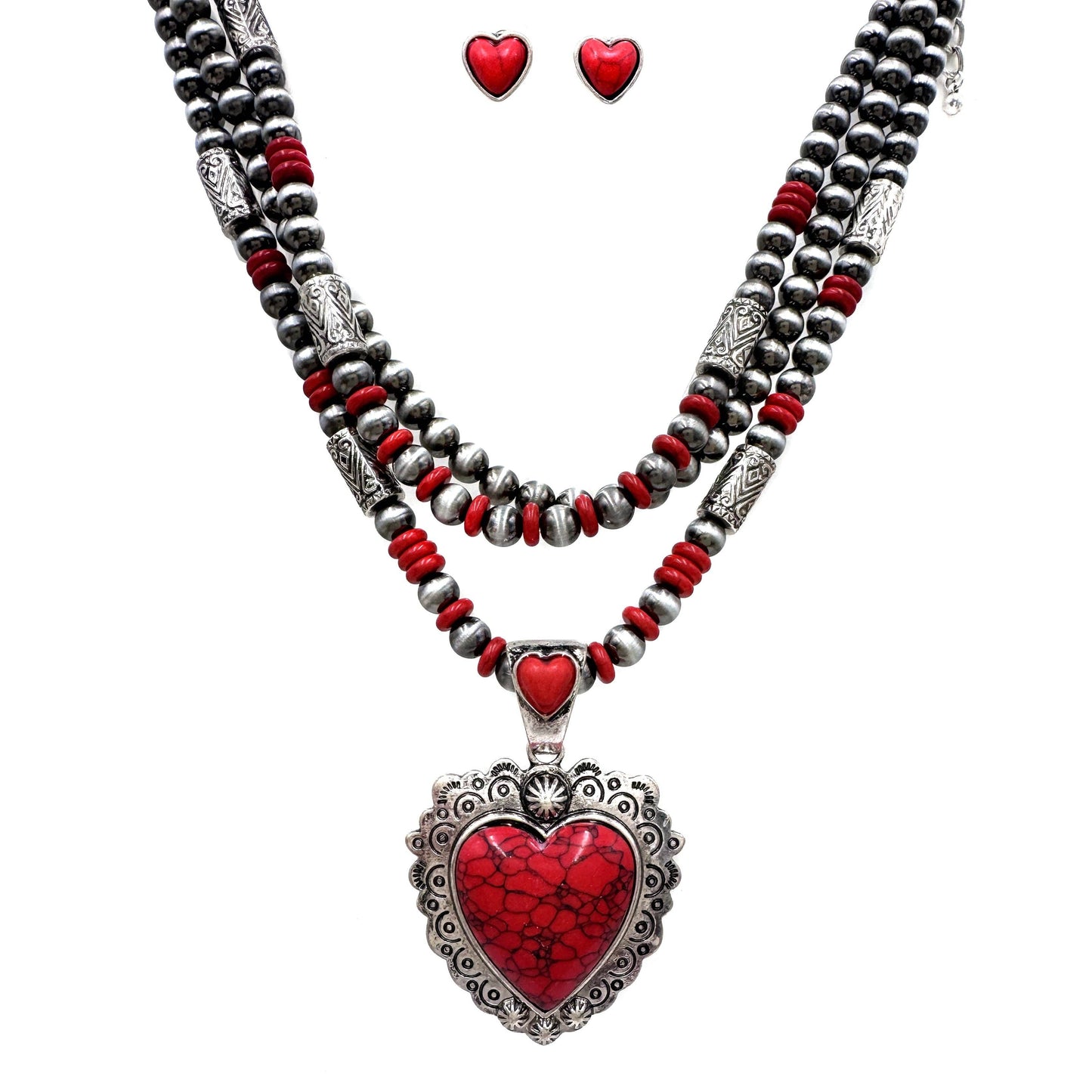 Rae | Rustic Silver w/ Red Heart Necklace & Earrings Set