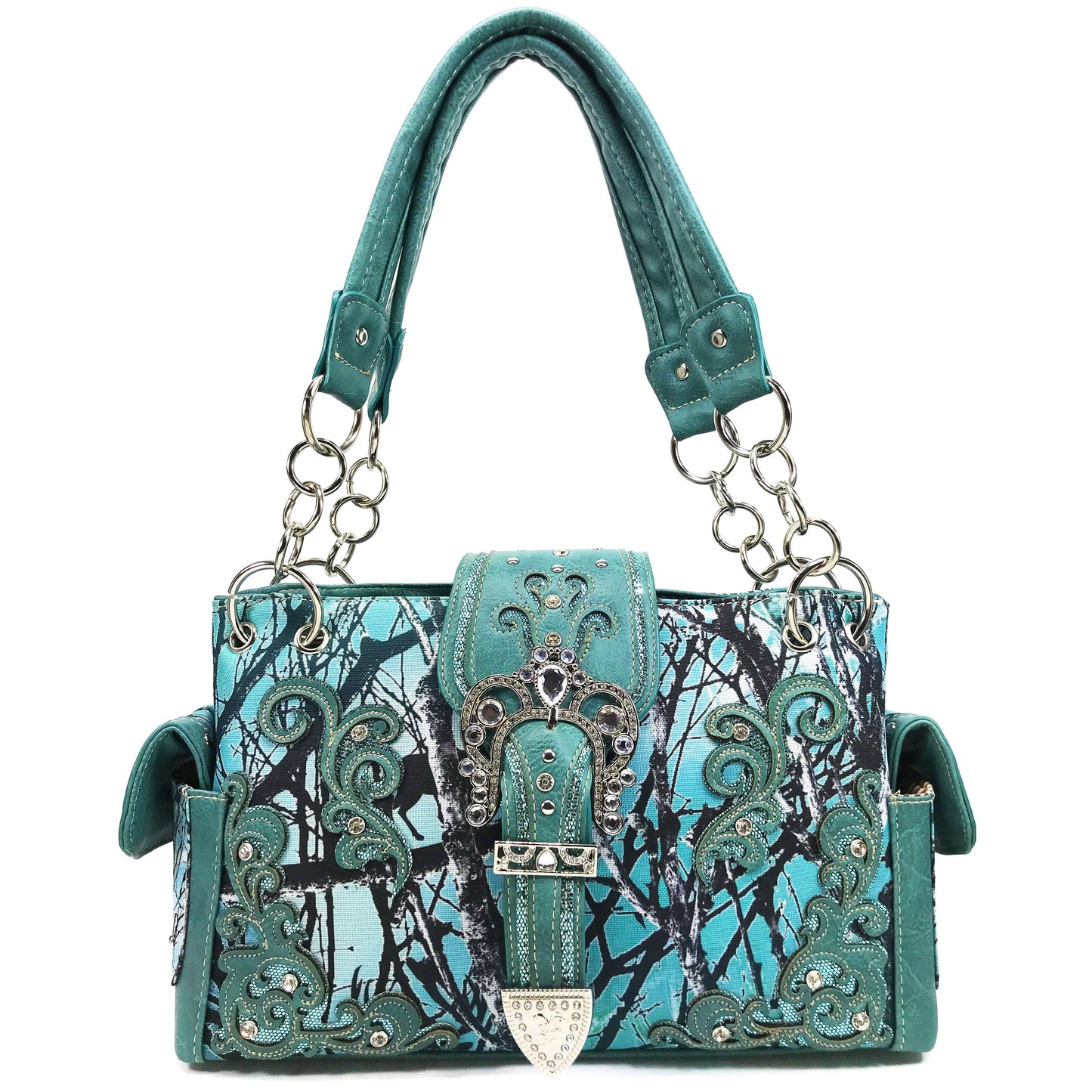 Kody | Rhinestone Buckle Teal Camo Handbag