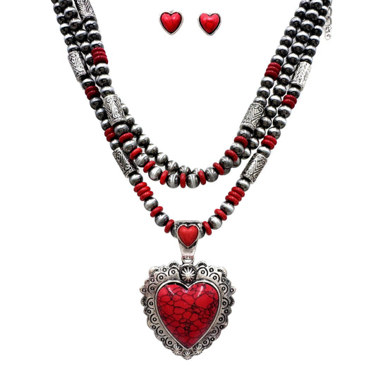Rae | Rustic Silver w/ Red Heart Necklace & Earrings Set