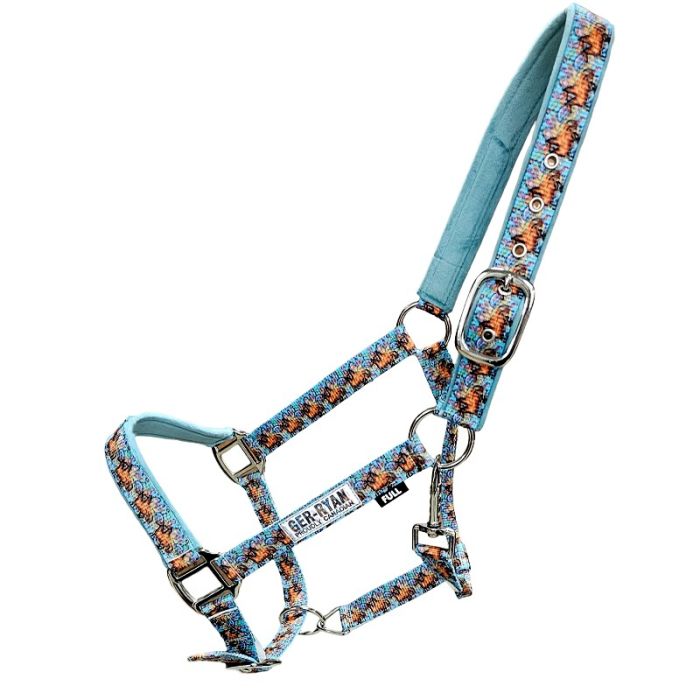 Aqua Horse Print Padded Nylon Halter